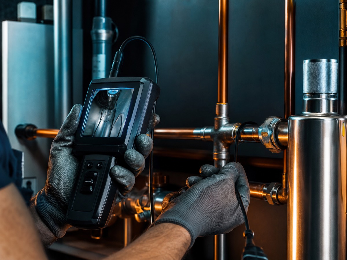 Plumbing diagnostic camera inspecting residential pipes