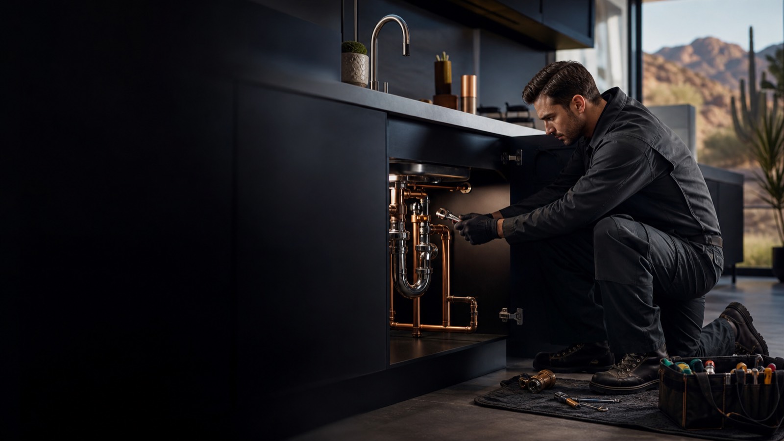 Plumbing professional working beneath a kitchen sink in an Arizona home